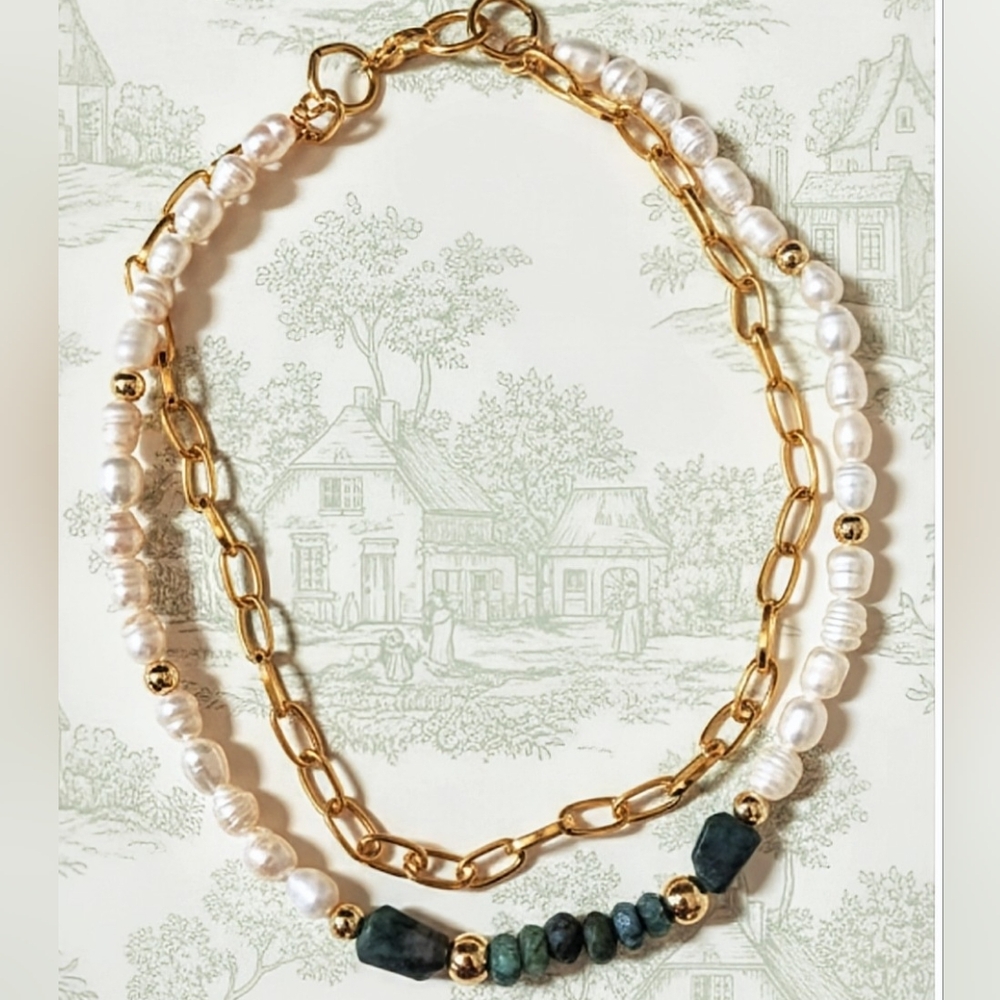 Natural Green Emerald & Freshwater Pearls In Paperclip Necklace And Bracelet